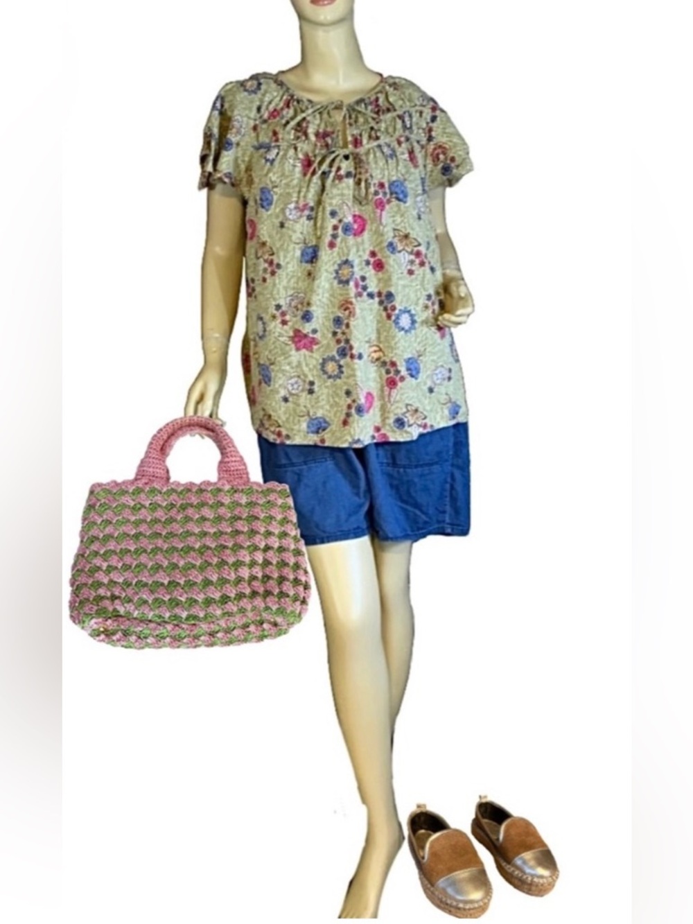 LANE BRYANT SAGE GREEN & PINK FLORAL PRINT TUNIC BLOUSE (18)